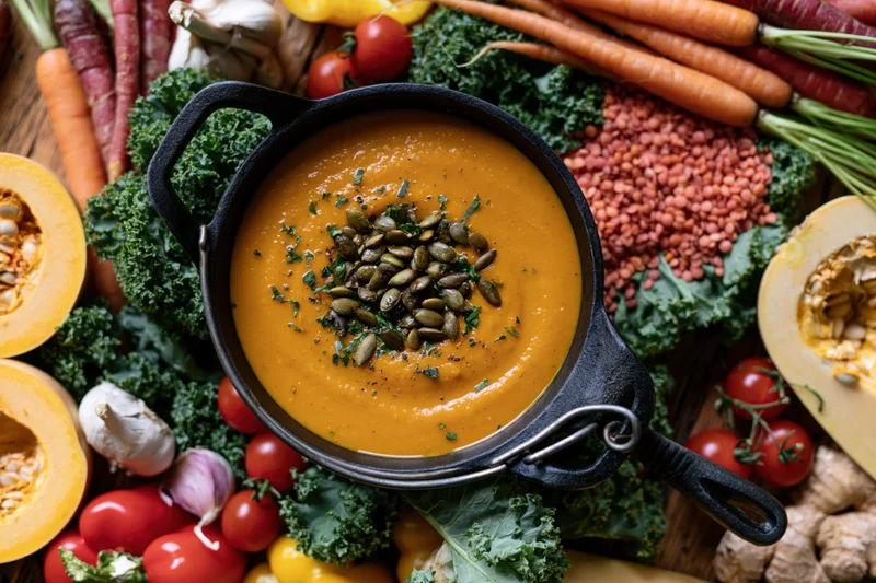 Cast iron pot of smooth orange pumpkin soup topped with pumpkin seeds surrounded by fresh vegetables and herbs on a wooden table