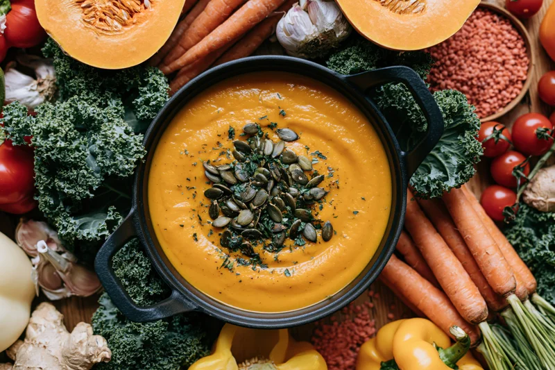 Smooth orange pumpkin soup in a cast iron pot surrounded by fresh vegetables and herbs on a wooden table