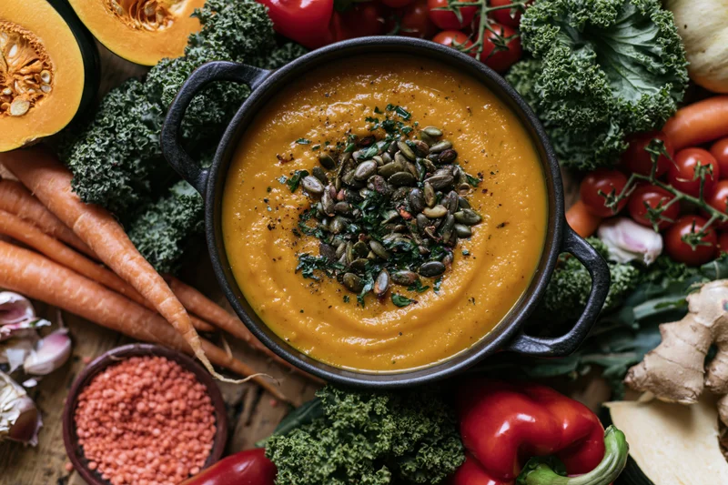 Cast iron pot of smooth orange pumpkin soup topped with seeds and herbs surrounded by fresh vegetables on wooden surface