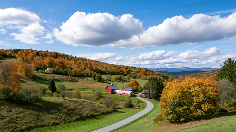 Winding road through autumn-colored hills with red barn and outbuildings in new england countryside