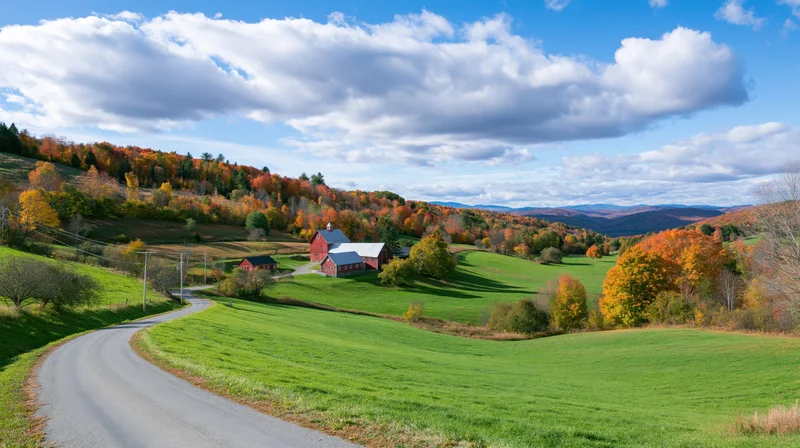 Winding road through green fields leading to red barn and outbuildings in autumn countryside