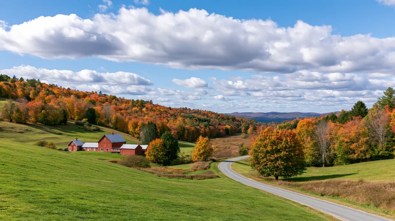 Winding road through autumn-colored hills with red barn and outbuildings in rural landscape