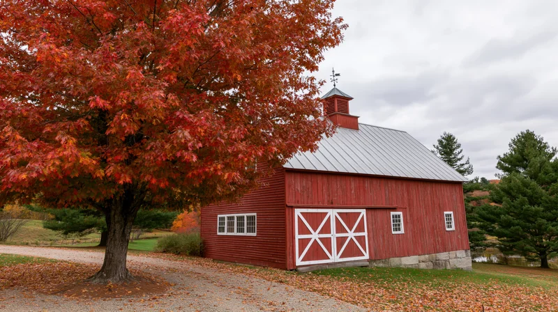 Red barn with white trim doors and cupola beside a maple tree in autumn foliage