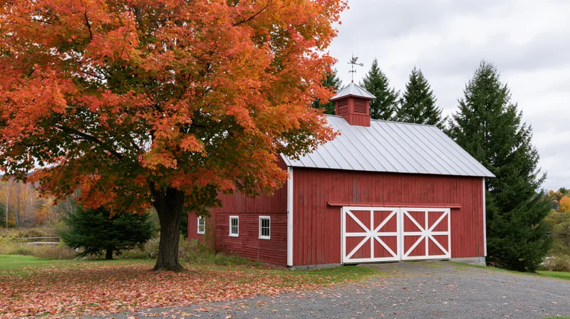 Red barn with white trim doors and cupola beside a maple tree in autumn foliage