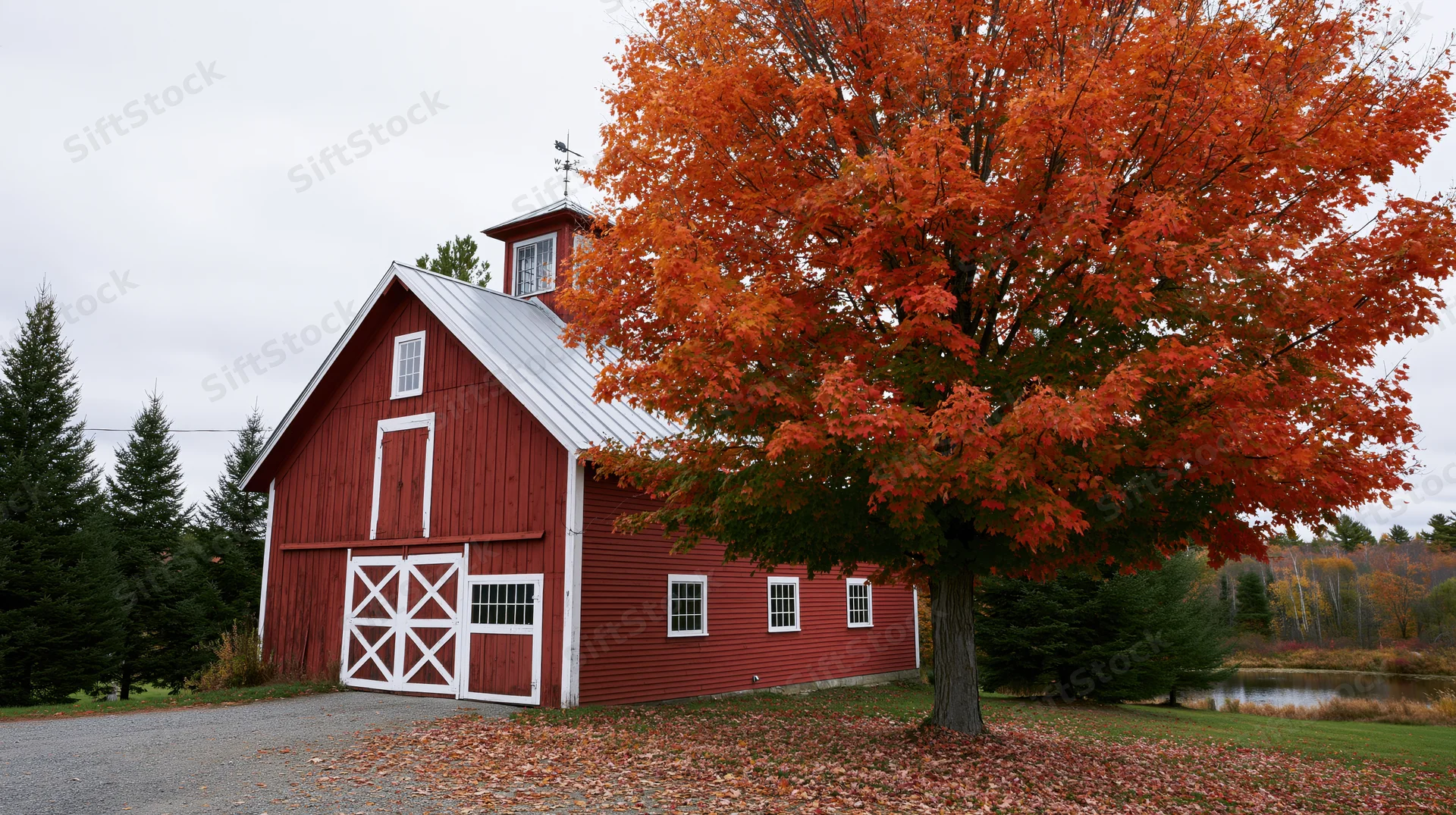 Red barn with white trim and cupola beside a vibrant orange maple tree in autumn countryside