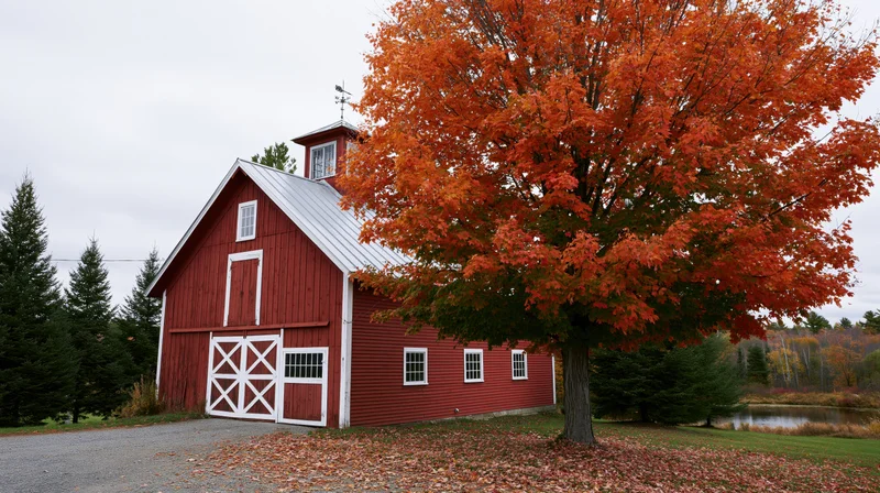 Red barn with white trim and cupola beside a vibrant orange maple tree in autumn countryside