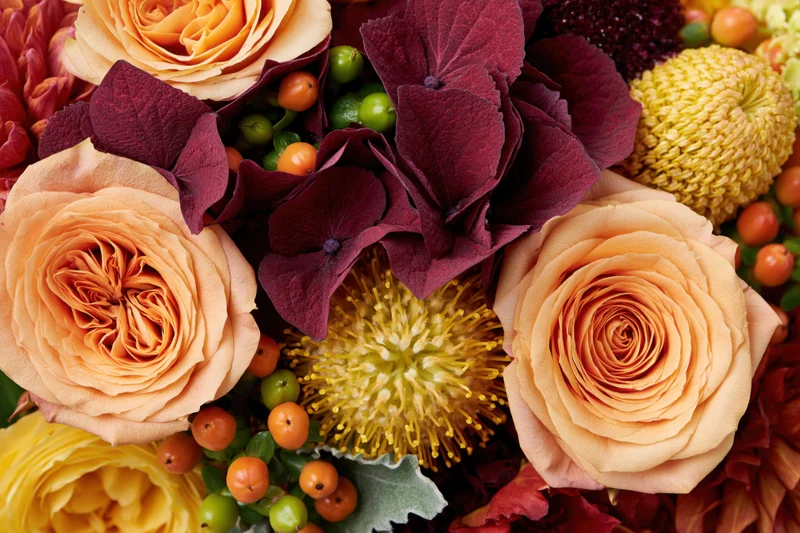 Close-up flat lay of an autumn floral arrangement with roses, hydrangea, chrysanthemum, and berries filling the frame