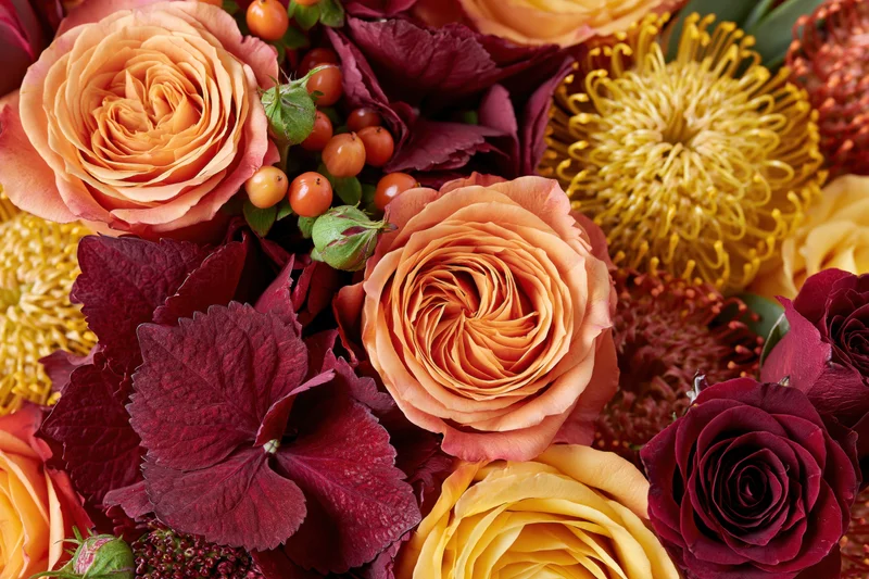 Close-up flat lay of an autumn floral arrangement with orange roses, burgundy hydrangeas, yellow chrysanthemums, and small berries filling the frame