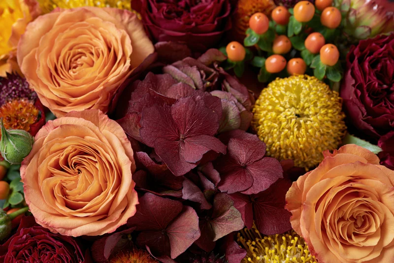 Close-up flat lay of an autumn floral arrangement with orange roses, burgundy hydrangea, yellow chrysanthemums, and hypericum berries filling the frame