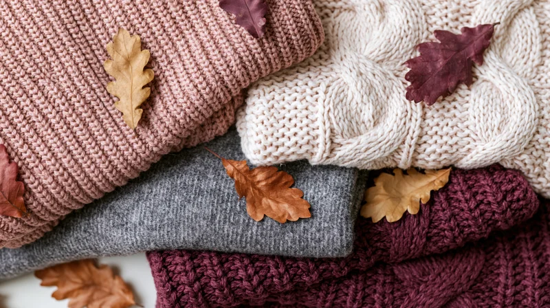 Folded knit sweaters stacked with dried autumn leaves on a flat surface