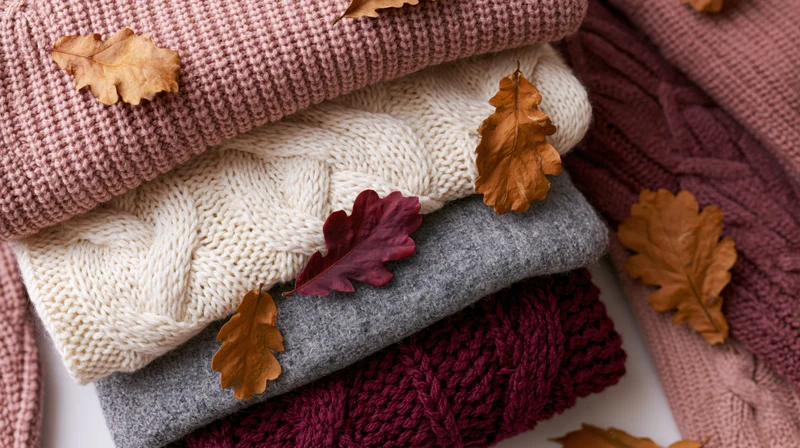 Folded knit sweaters stacked in autumn colors with dried oak leaves on white surface