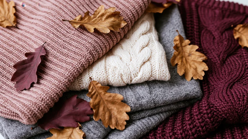 Folded knit sweaters stacked together with dried oak leaves on a flat surface