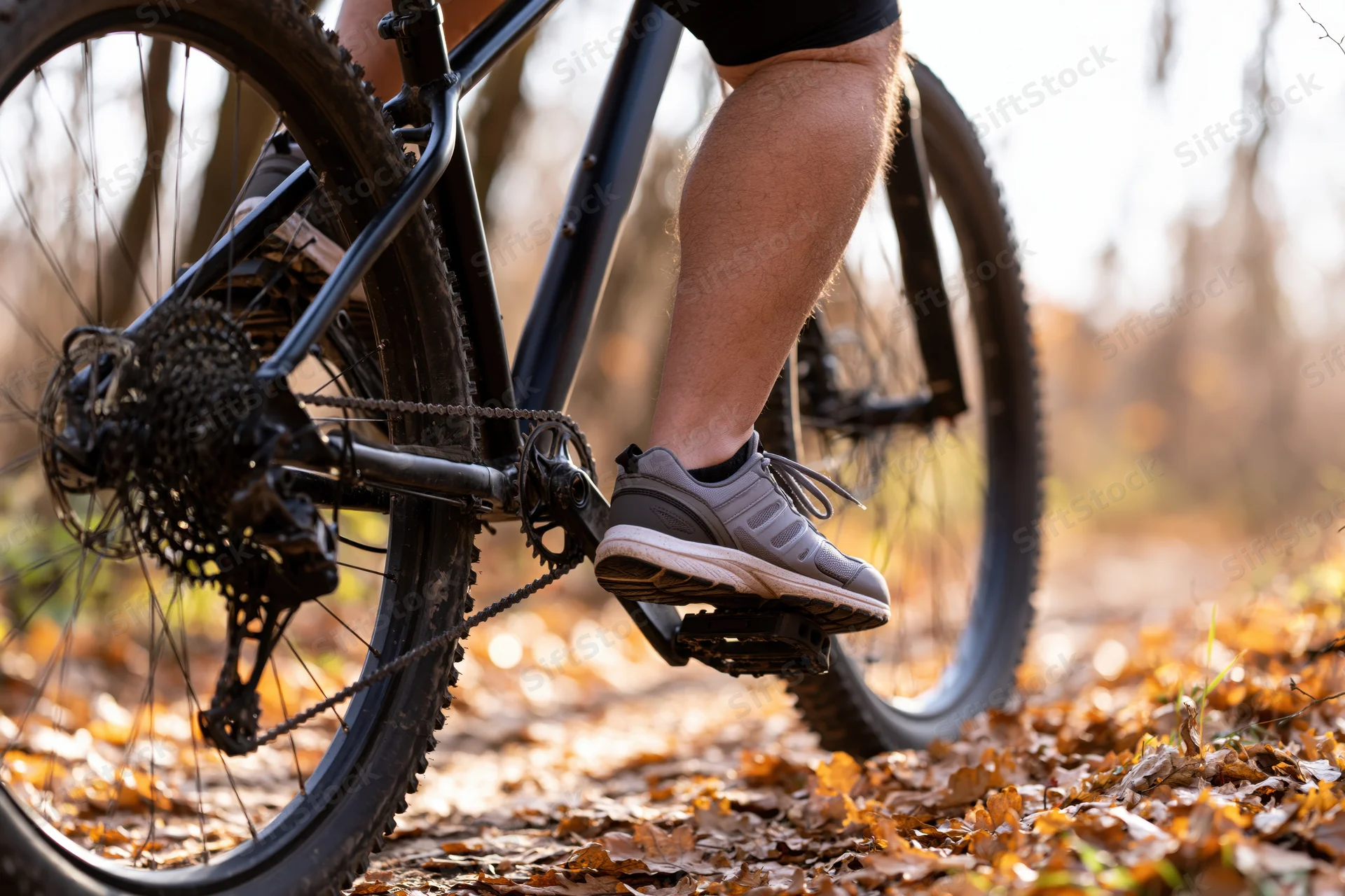 Cyclist's foot on pedal of mountain bike on leaf-covered forest trail