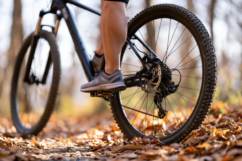 Cyclist's foot on pedal of mountain bike on leaf-covered forest trail