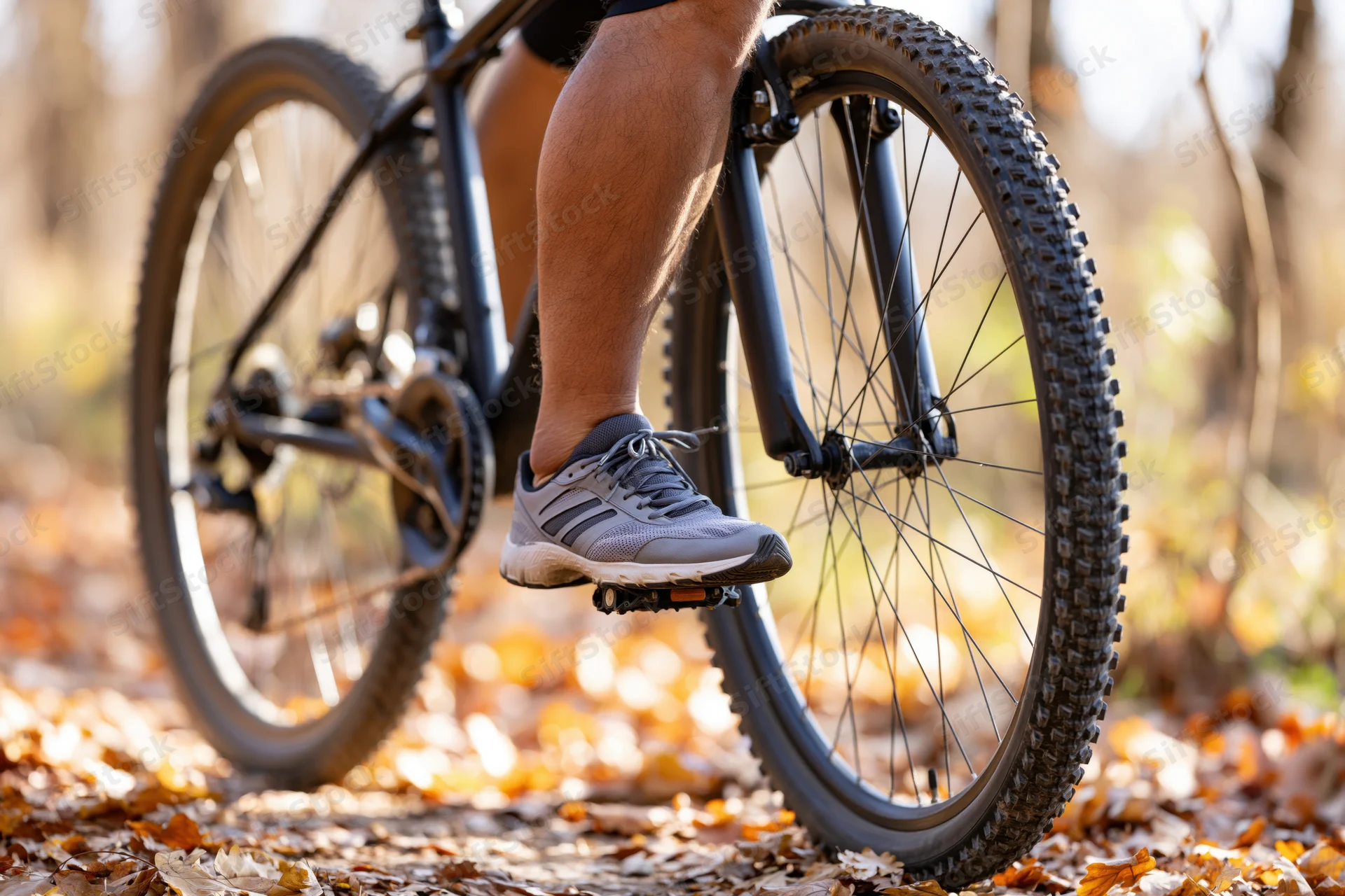 Close-up of a cyclist's foot on the pedal of a mountain bike on a leaf-covered forest trail