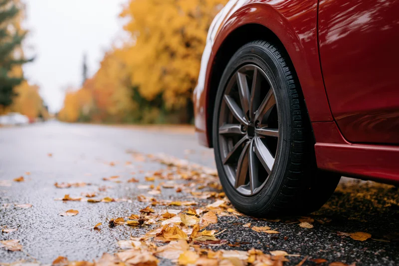 Red sedan's front wheel on a leaf-covered road in autumn