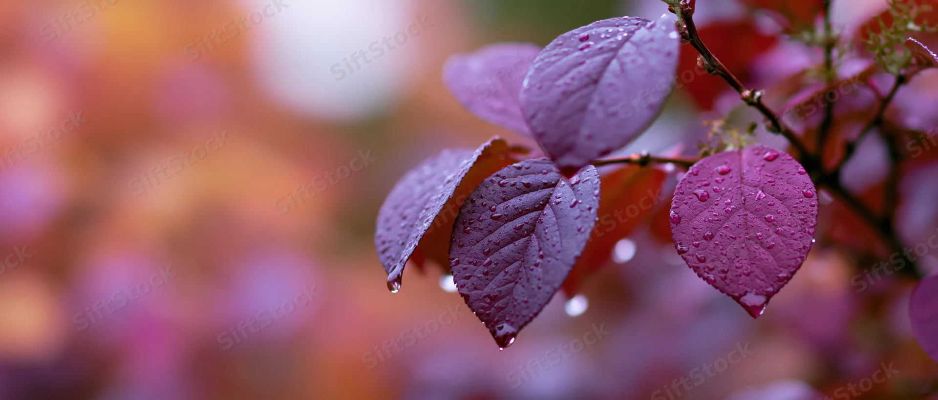 Closeup of purple and magenta autumn leaves with water droplets on a branch