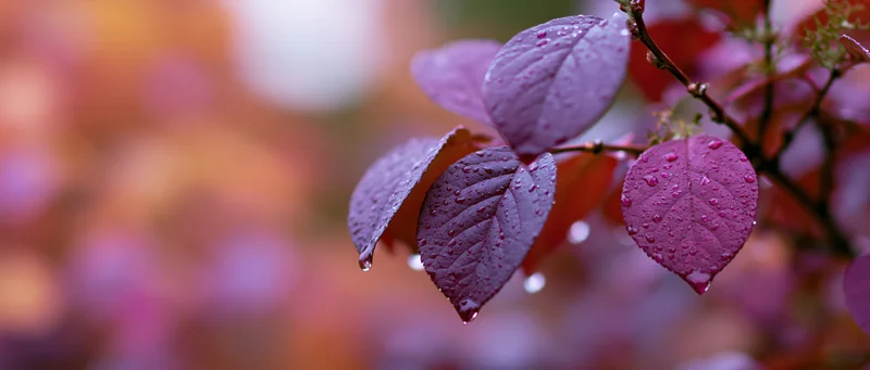 Closeup of purple and magenta autumn leaves with water droplets on a branch