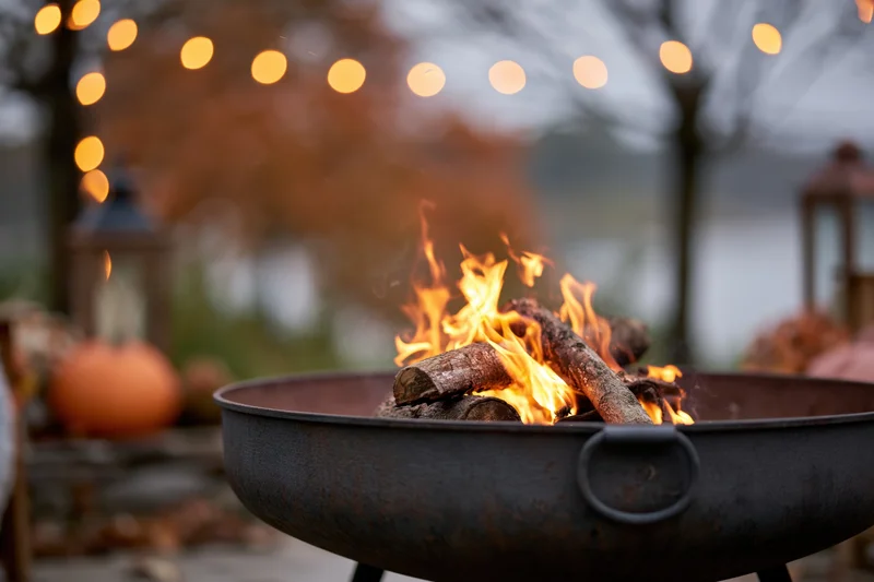 Fire burning in a cast iron fire pit outdoors with pumpkins and string lights in the background