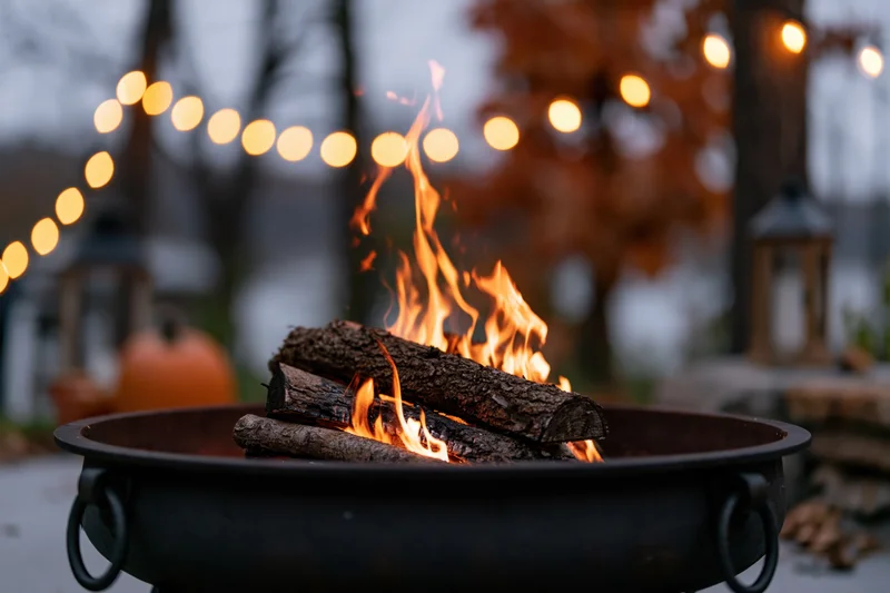 Fire burning in a cast iron fire pit outdoors at twilight with string lights and pumpkins in the background