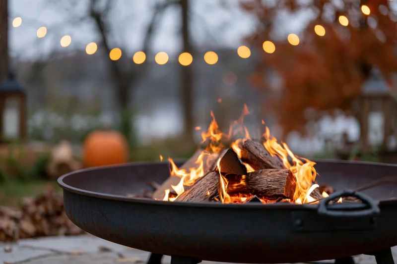 Fire burning in a cast iron fire pit on a patio with string lights and autumn decor in the background