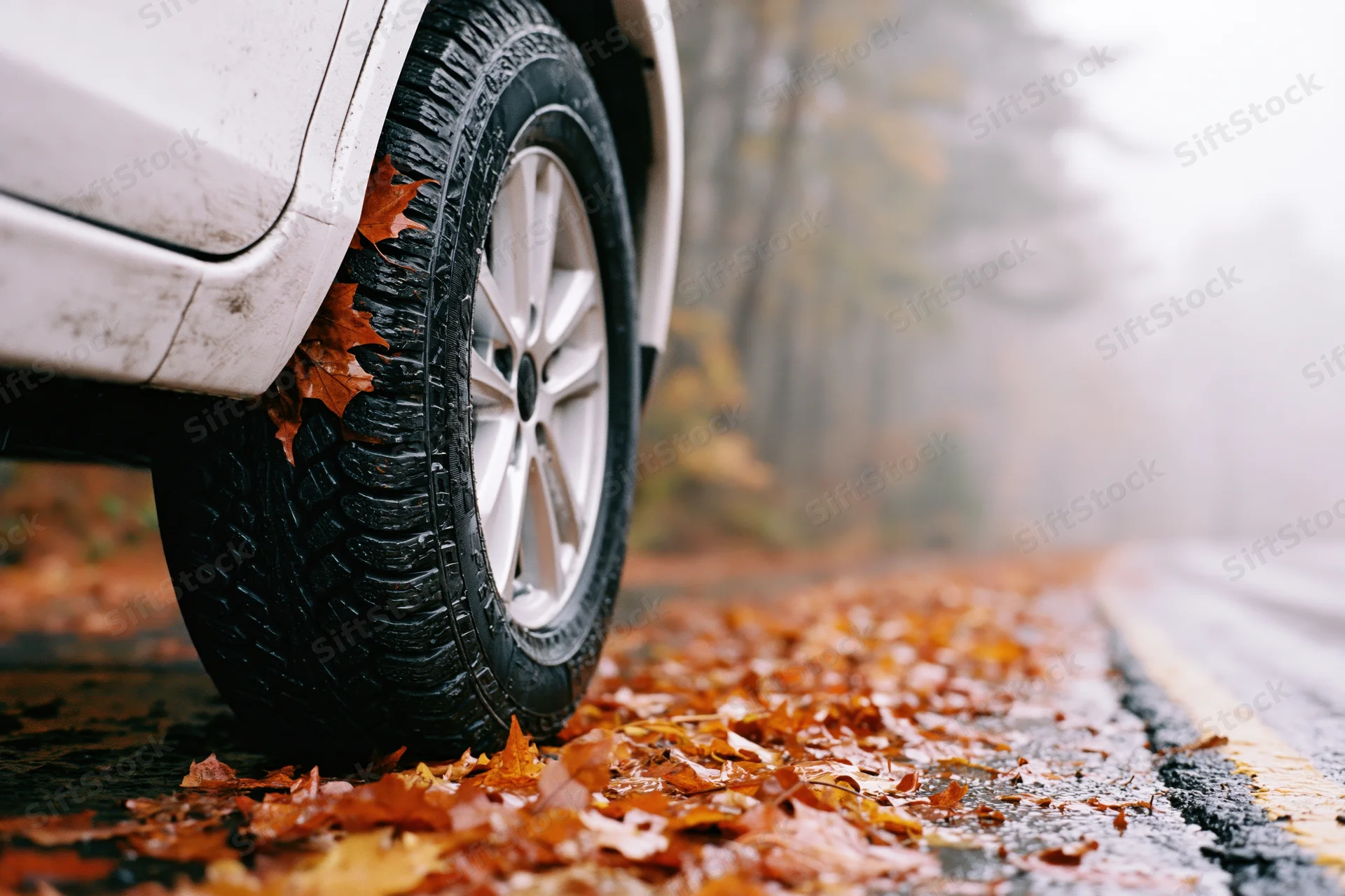 Close-up of a wet car tire with autumn leaves stuck to it on a foggy road