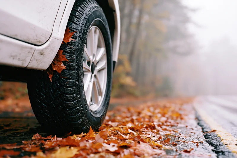Close-up of a wet car tire with autumn leaves stuck to it on a foggy road