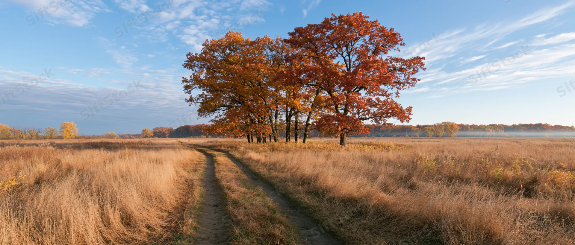 Autumn trees with orange red and gold foliage along a dirt path through a grassy field under a blue sky
