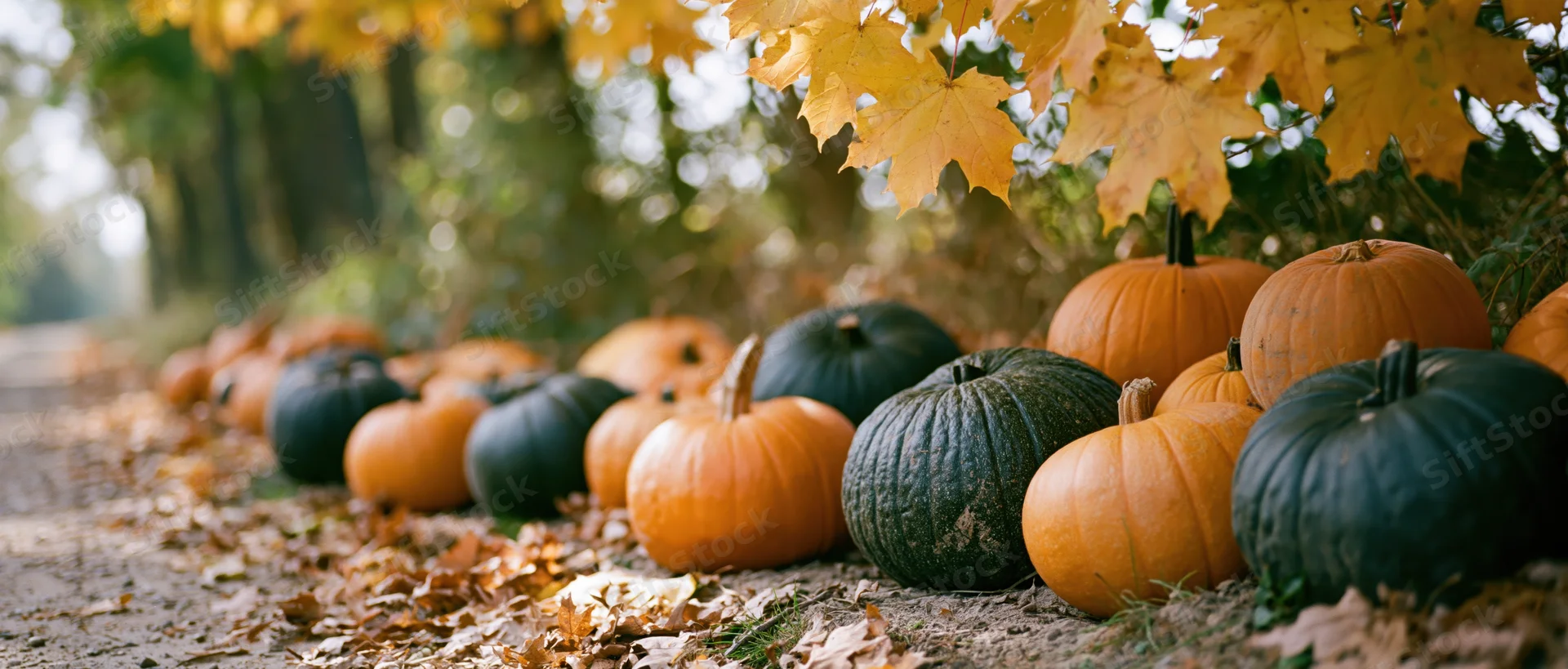 Pumpkins arranged along a dirt path under autumn maple leaves