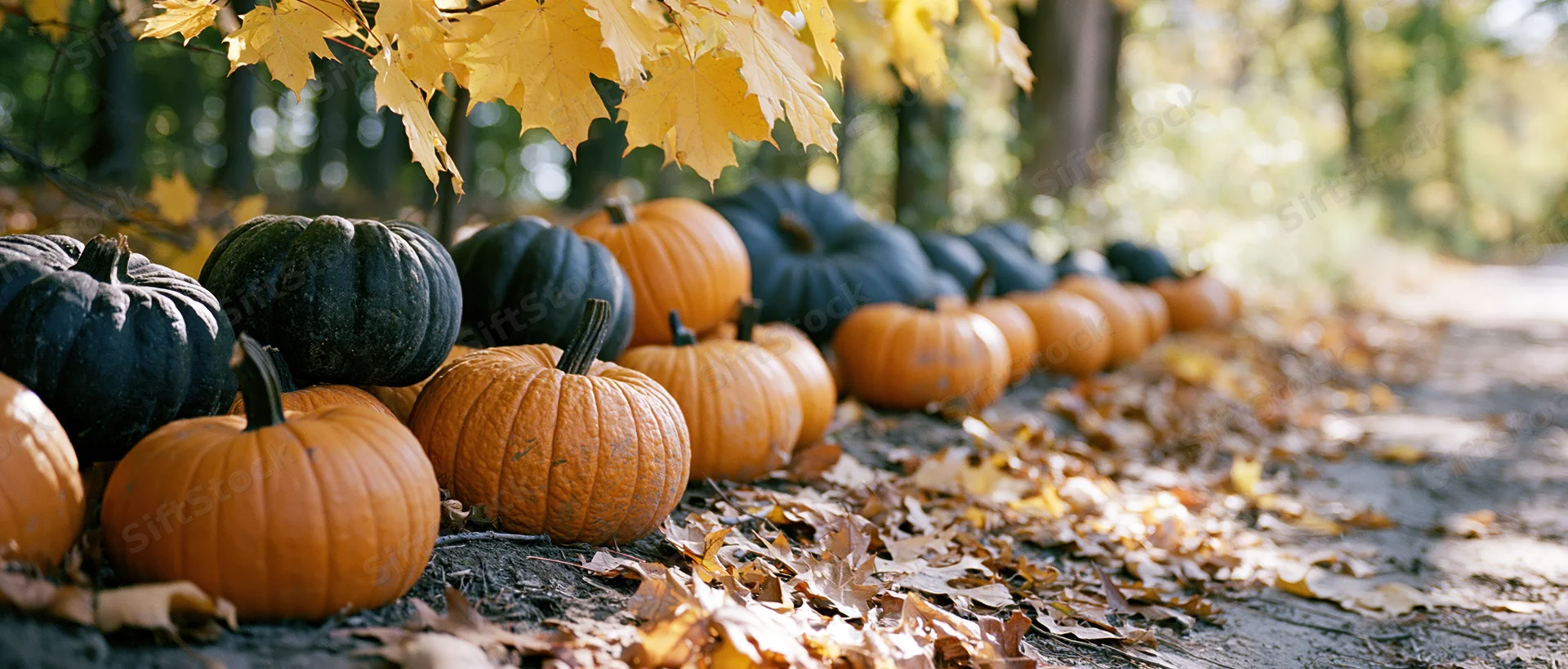 Pumpkins arranged along a forest path surrounded by autumn leaves