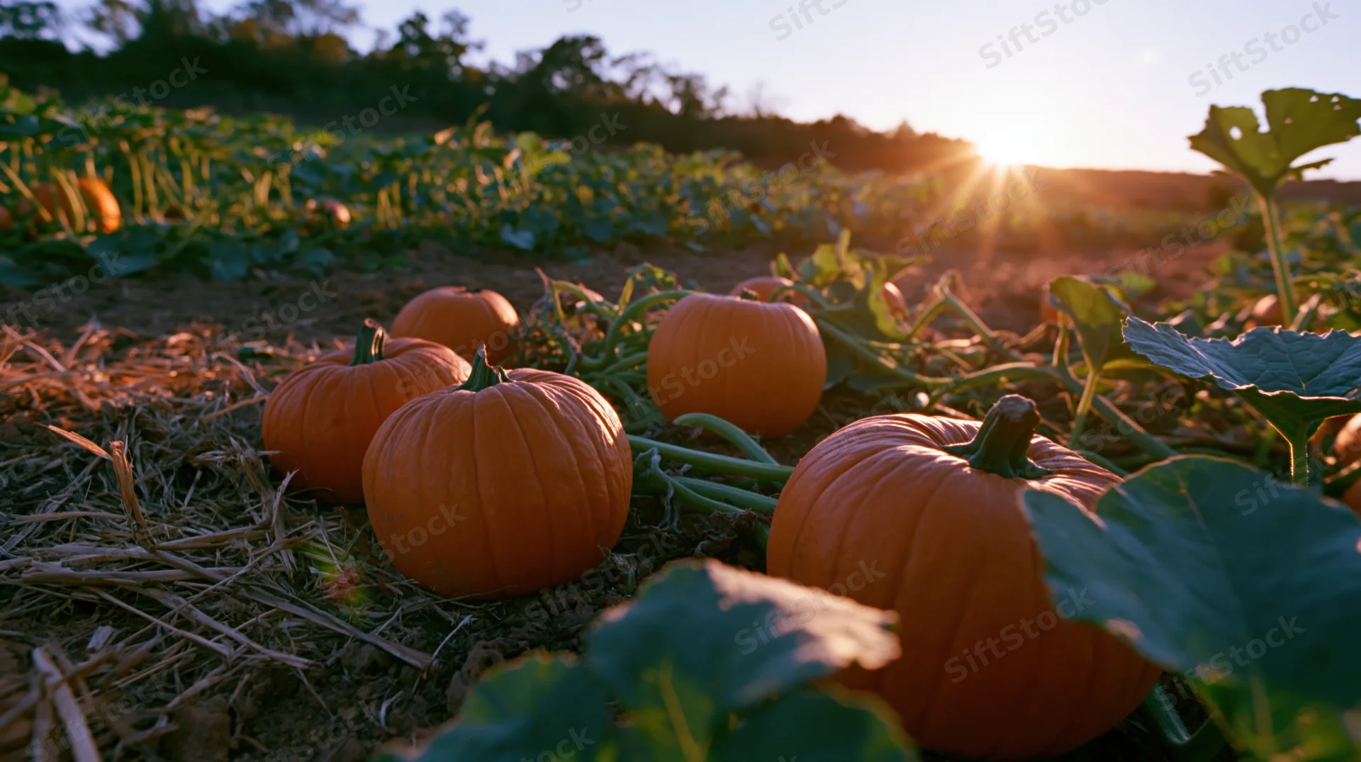 Pumpkins resting on dry soil among green vines in a field at sunset