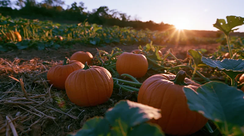 Pumpkins resting on dry soil among green vines in a field at sunset