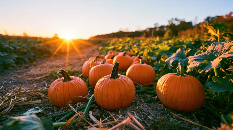 Pumpkins resting on dry soil among green vines in a field at sunset
