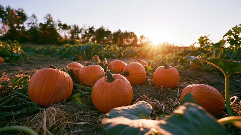 Pumpkins resting on dry soil among green vines in a field at sunset