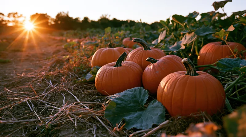 Pumpkins resting on dry soil among green vines in a field at sunset