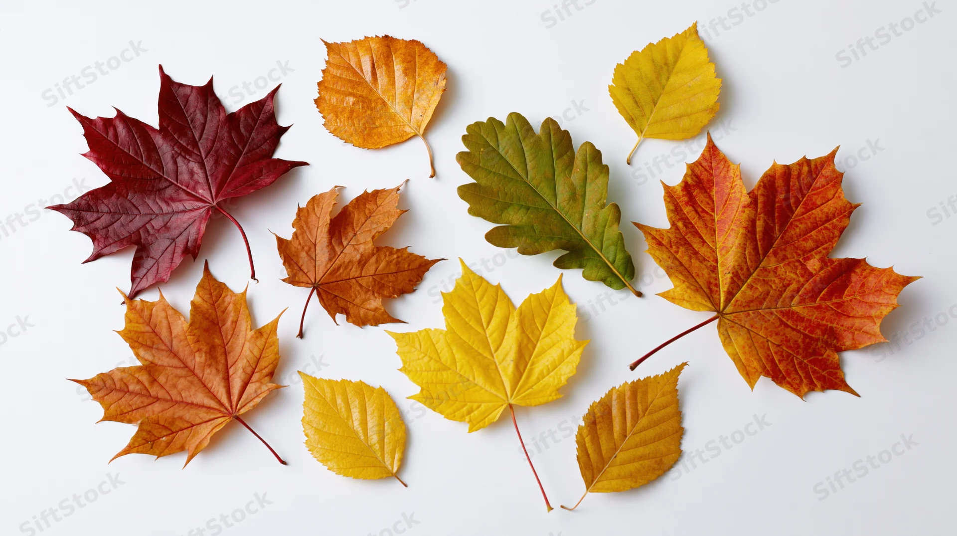 Autumn leaves scattered on white background