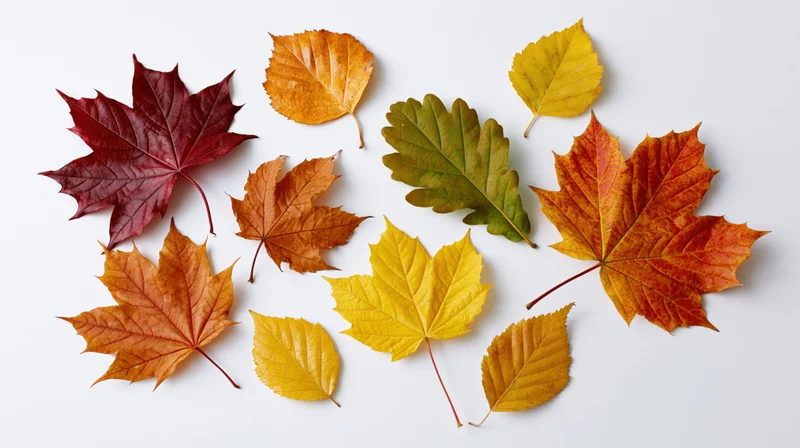 Autumn leaves scattered on white background