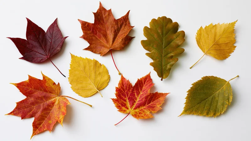 Nine autumn leaves arranged flat on white background