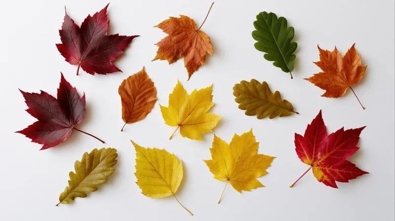 Autumn leaves scattered on white background in flat lay arrangement
