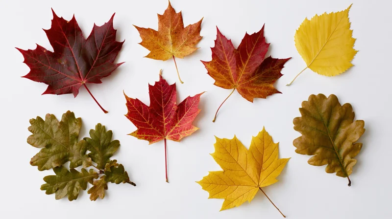 Nine autumn leaves of maple and oak in red, orange, yellow, and brown arranged on a white background
