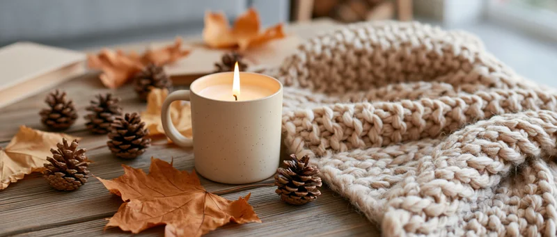 Lit candle in cream mug on wooden table with pinecones, autumn leaves and knitted scarf