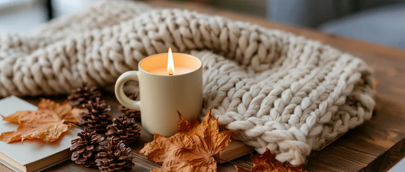 Lit candle in cream mug on wooden table with knit blanket, autumn leaves and pinecones