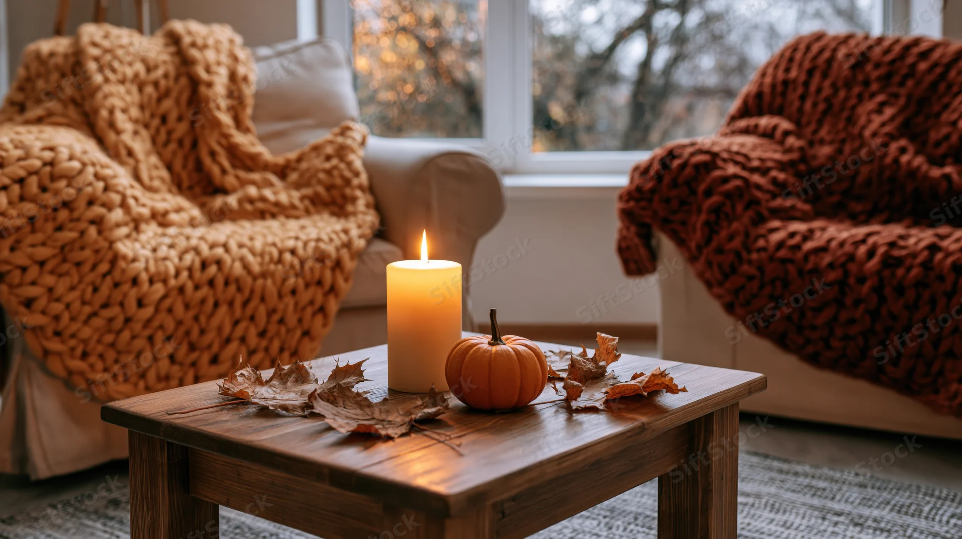 Lit candle and small pumpkin with dried leaves on wooden coffee table in cozy autumn living room with chunky knit blankets on armchairs near window