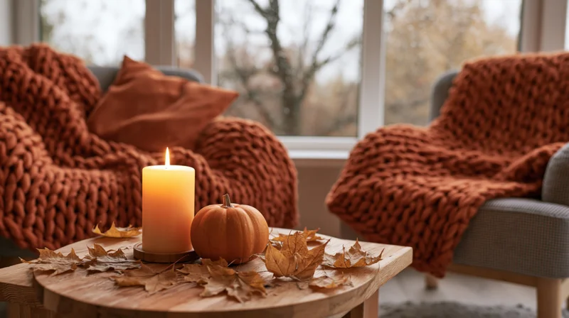 Lit candle and small pumpkin on wooden table with autumn leaves, surrounded by armchairs draped in chunky knit blankets near a window with bare trees outside