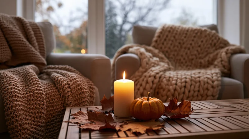 Lit candle and small pumpkin with autumn leaves on wooden table in cozy living room with chunky knit blankets on armchairs near window