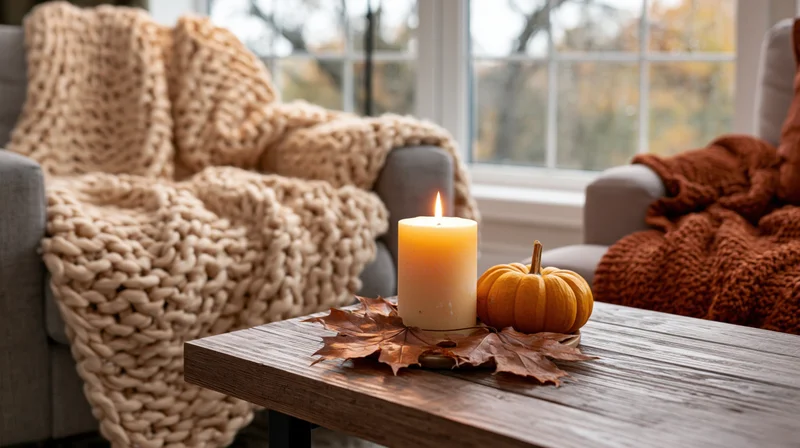 Lit candle and small pumpkin with autumn leaves on wooden coffee table in cozy living room with chunky knit blankets on sofas near window
