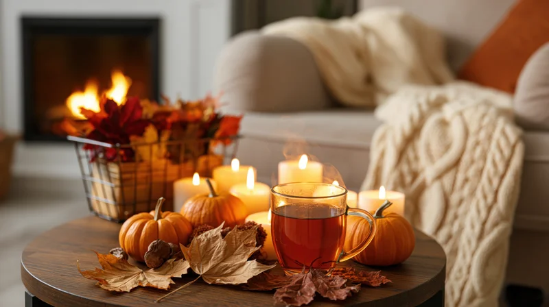 Steaming glass of tea on wooden coffee table with pumpkins, autumn leaves and candles near fireplace in cozy living room
