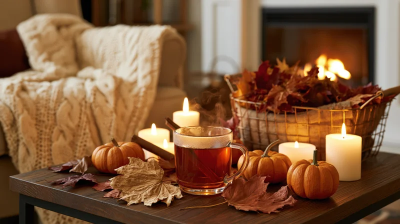 Steaming glass of tea on wooden coffee table with pumpkins, candles, and autumn leaves near fireplace