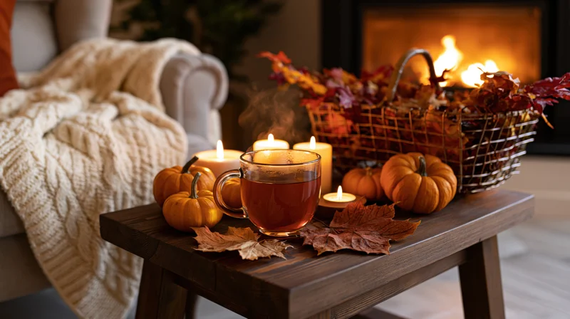 Steaming glass of tea on wooden coffee table with pumpkins and candles near fireplace