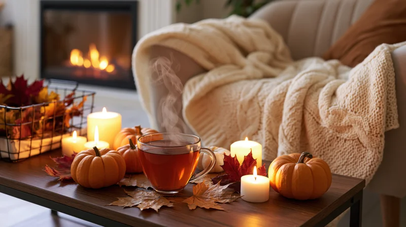 Steaming glass of tea on wooden coffee table with pumpkins, candles, and autumn leaves near fireplace and cozy armchair